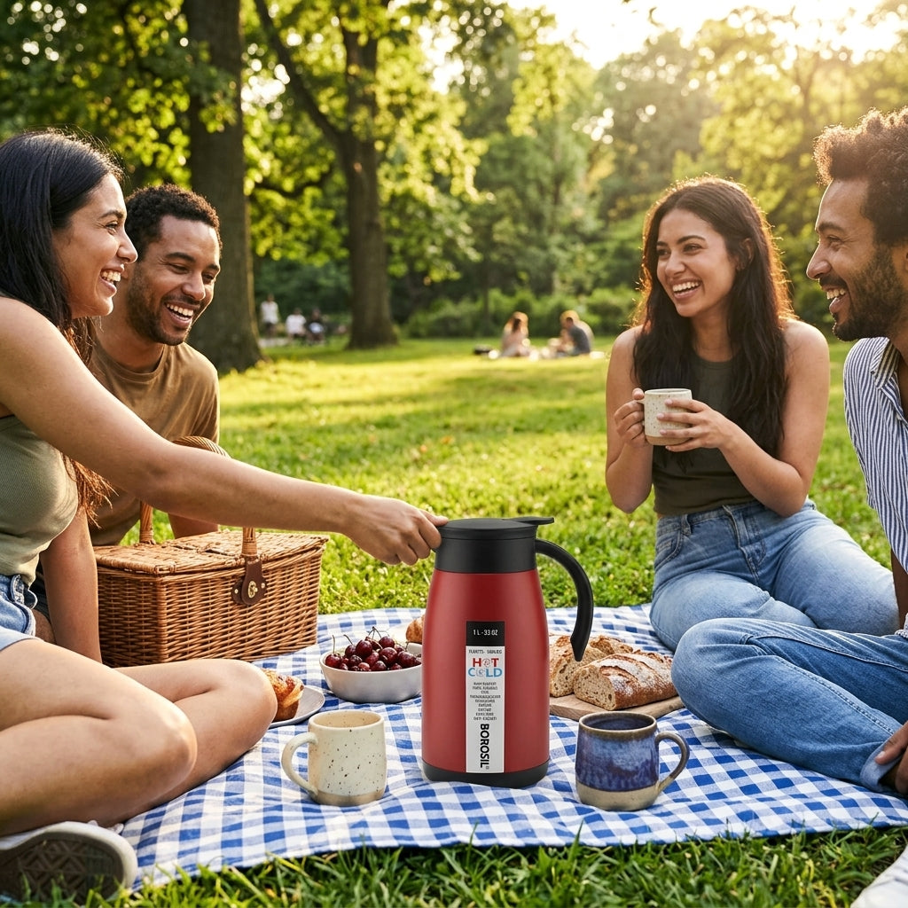 Borosil Insulated Stainless Steel Vacuum Flask Carafe, 1000 ml, Matt Red with Black