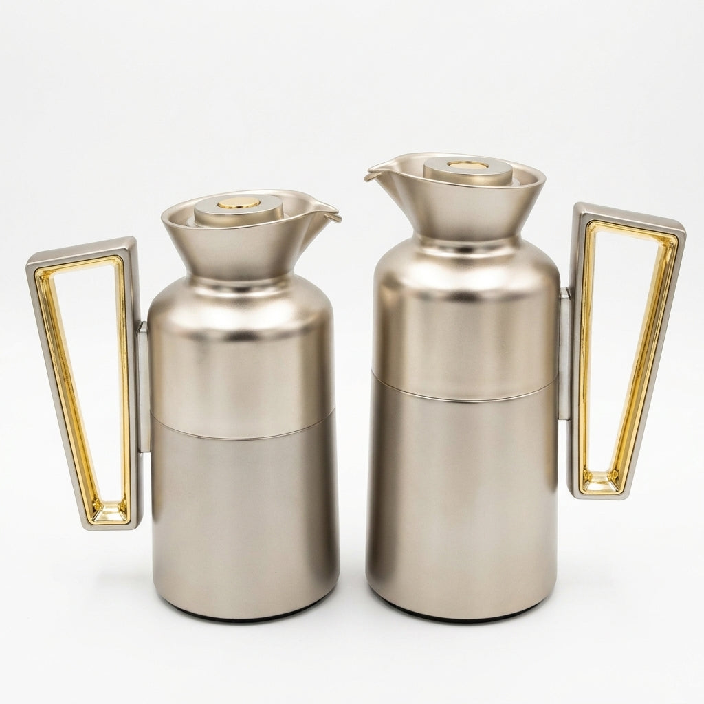 Fursan Vacuum Flask Set, 0.7 Litre + 1 Litre, Matte Nickel with Gold Accents
