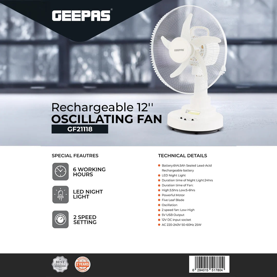 Geepas Rechargeable 12-Inch Oscillating Fan GF21118