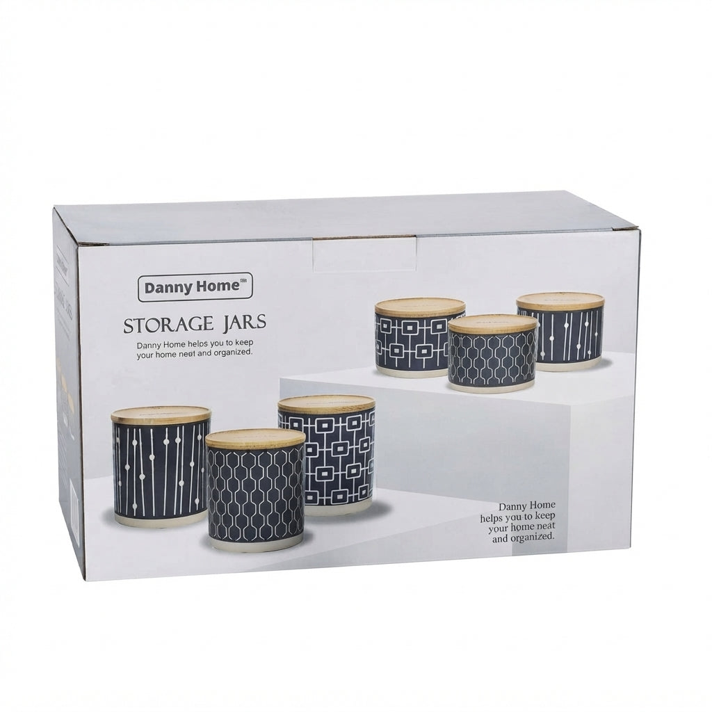 Danny Home 6-Piece Ceramic Storage Jar Set Black with Patterned Designs and Wooden Lids