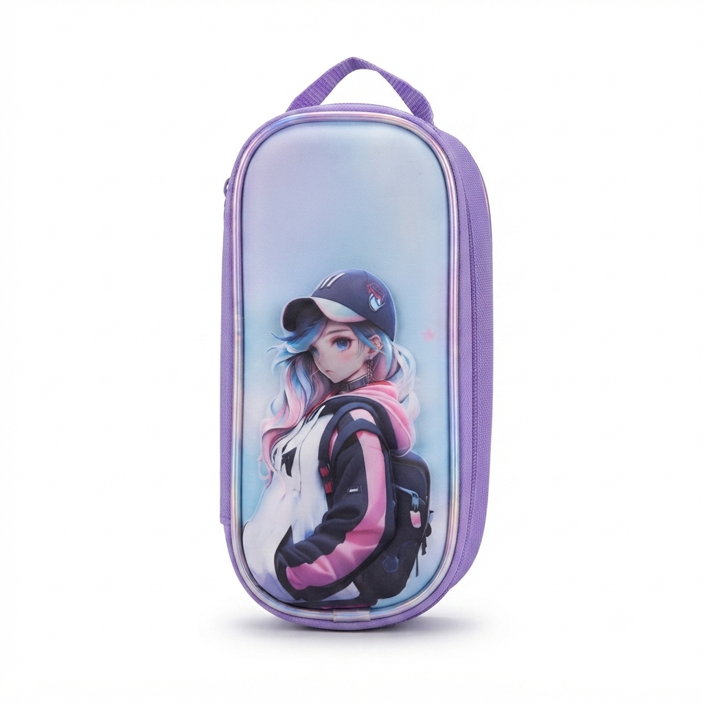 Kanari 16inch 3-Piece Anime Trolley School Bag Set – Purple (Trolley Bag + Lunch Bag + Pencil Pouch)