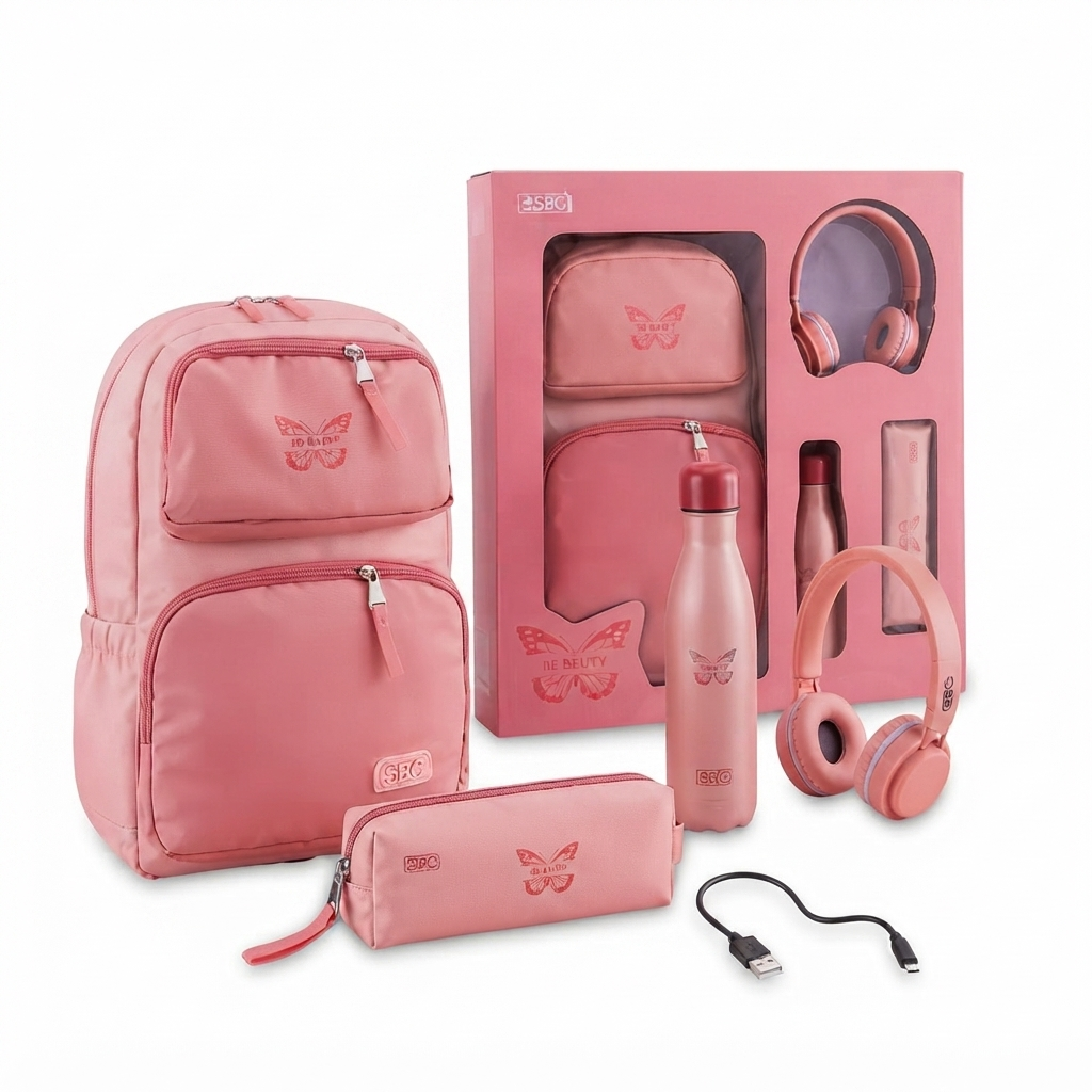 SBC 16" Butterfly "Be Happy" 4-in-1 School & Lifestyle Gift Set – Pink