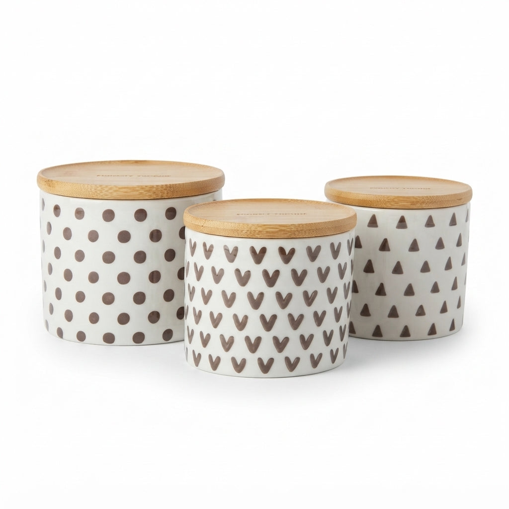 Danny Home 6-Piece Ceramic Storage Jar Set White with Patterned Designs and Wooden Lids