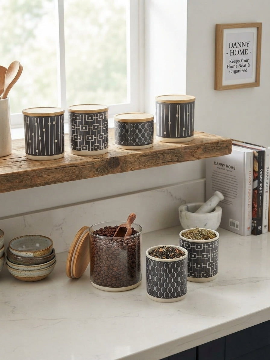 Danny Home 6-Piece Ceramic Storage Jar Set Black with Patterned Designs and Wooden Lids