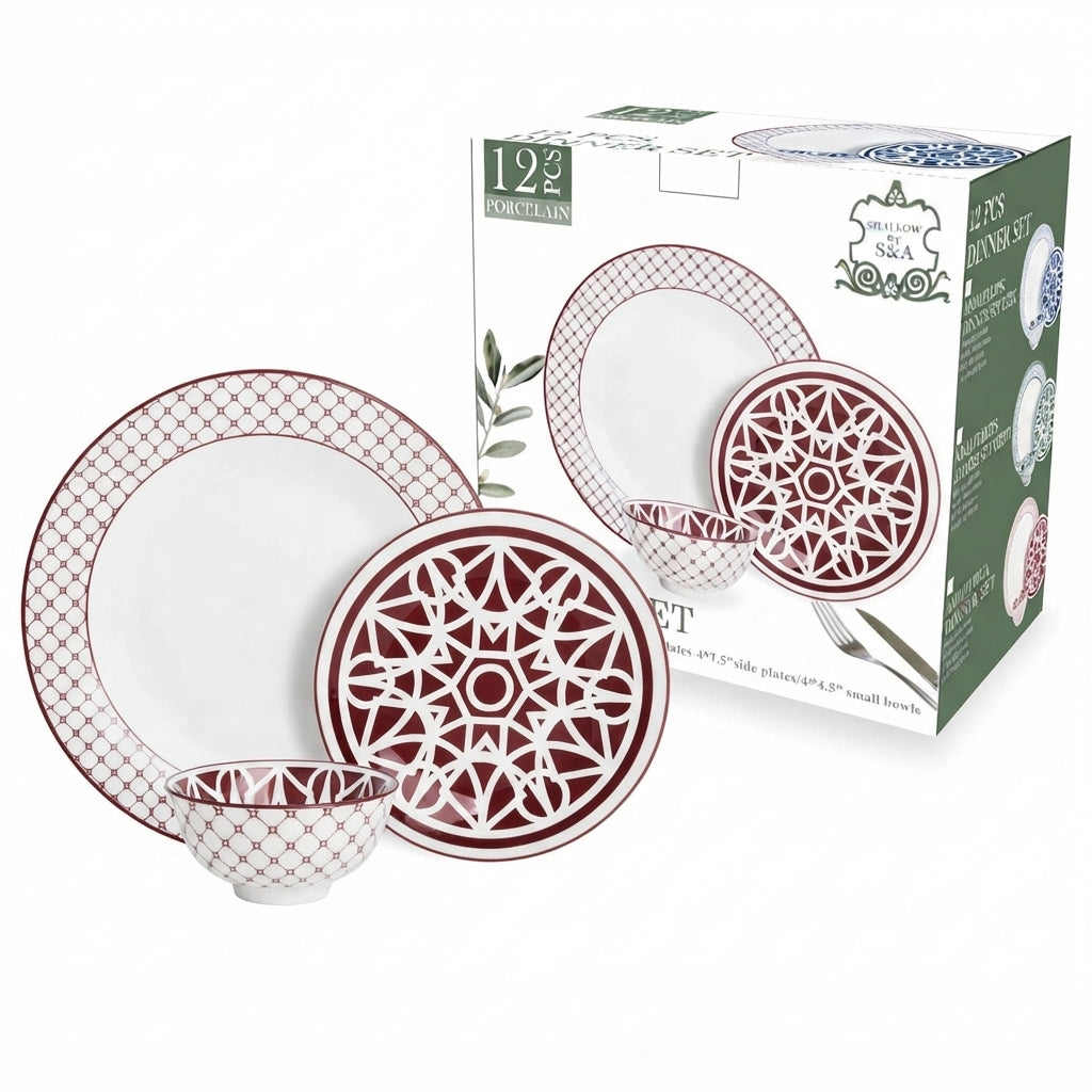 Shallow 12-Piece Porcelain Dinner Set – Burgundy & White