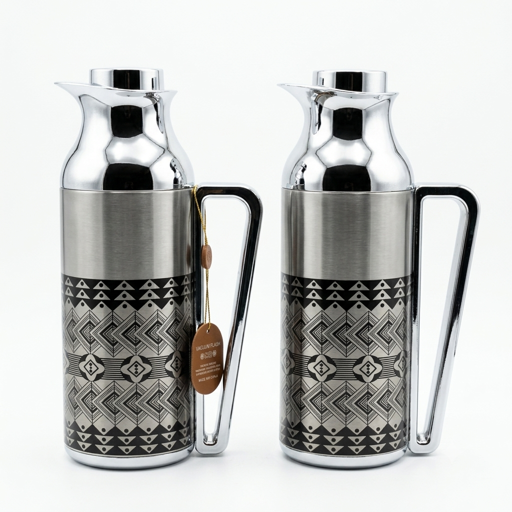 Mahra Stainless Steel Vacuum Flask Set – 1L + 1L – Silver Geometric Edition