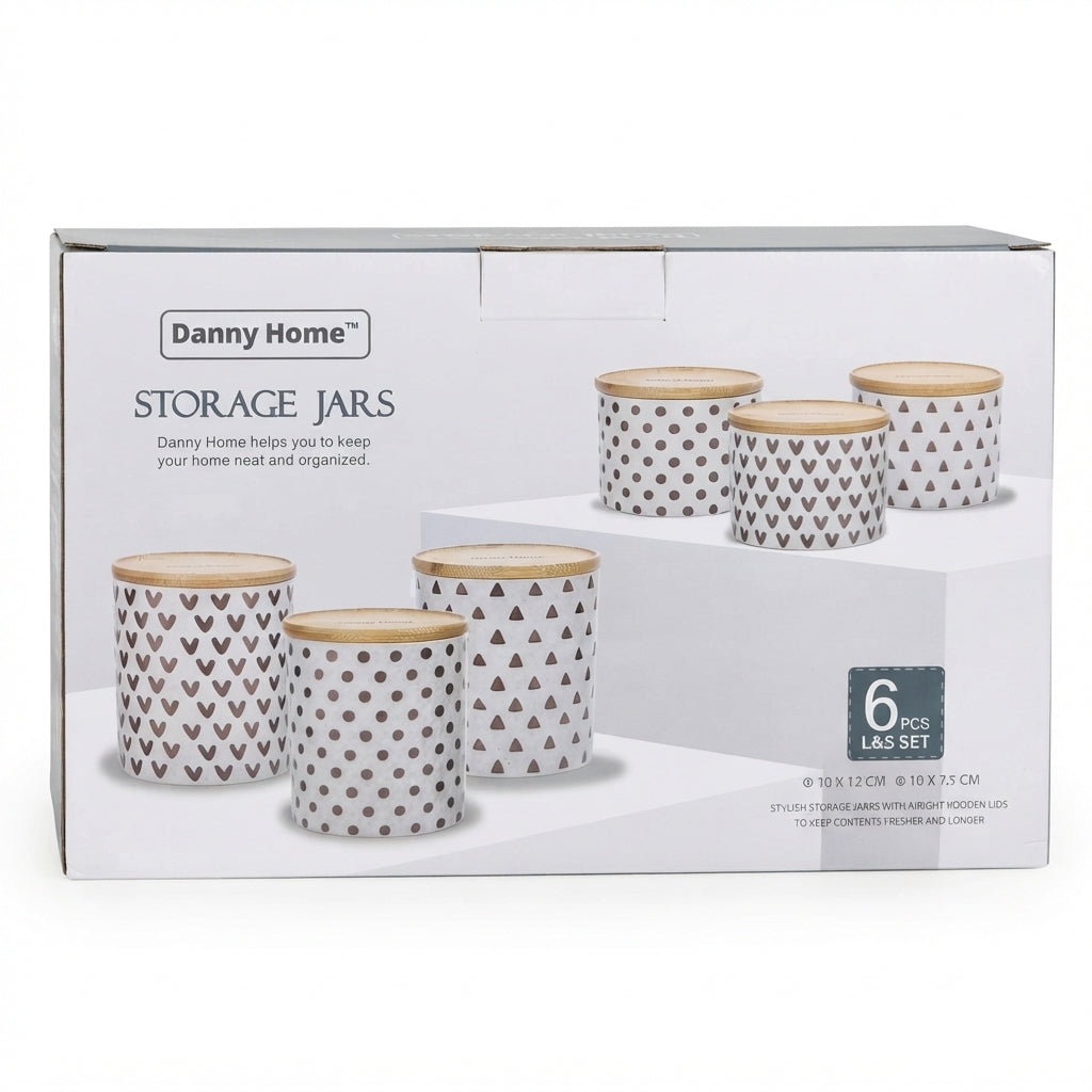 Danny Home 6-Piece Ceramic Storage Jar Set White with Patterned Designs and Wooden Lids