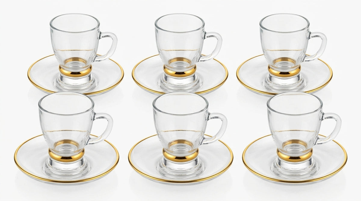Casco 18-Piece Glass Tea & Cawa Cup Set with Gold Accent – 6 Tea Glasses, 6 Saucers & 6 Cawa Cups