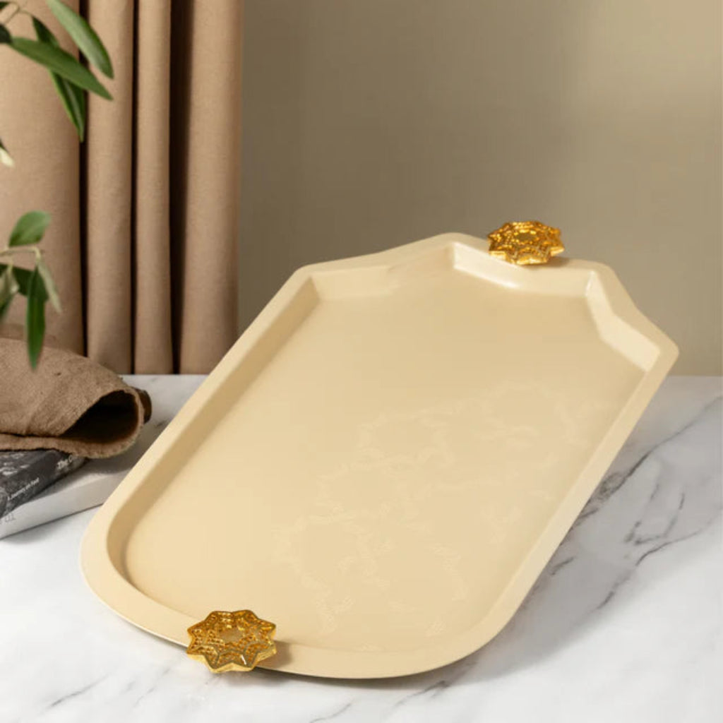 Otantik Octara - Stainless Steel Serving Tray - Ivory & Gold 19"12"