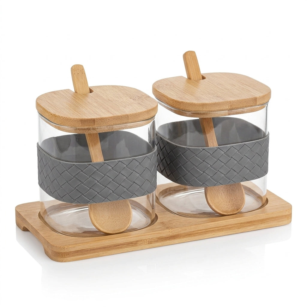 Hamid Glass Canister Jar Set with Wooden Lids, Spoons & Tray – 2 Pieces, 350 ml Each