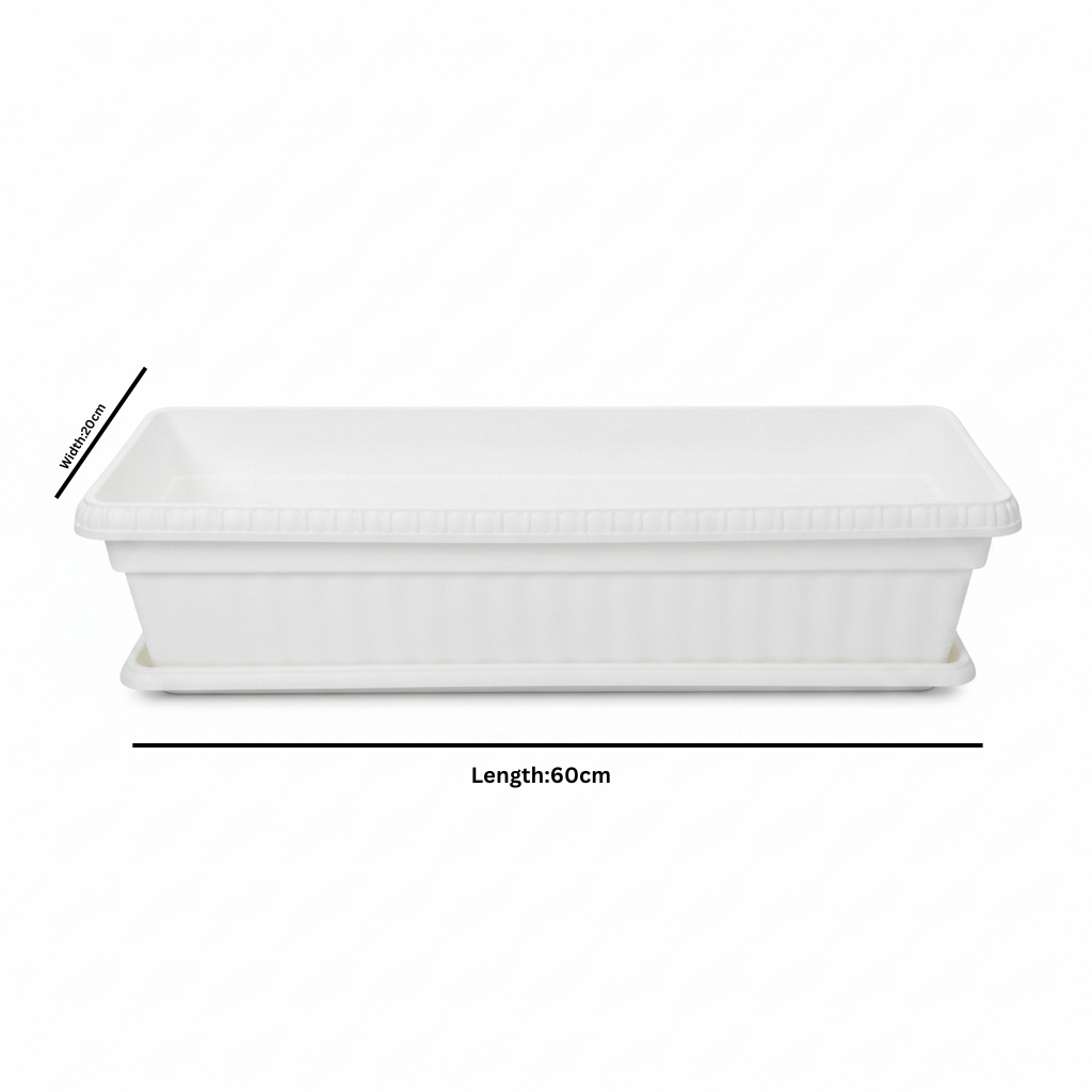 Family Plastic Winny Rectangular Planter Pot with Tray - 60×20 cm - White / Brown