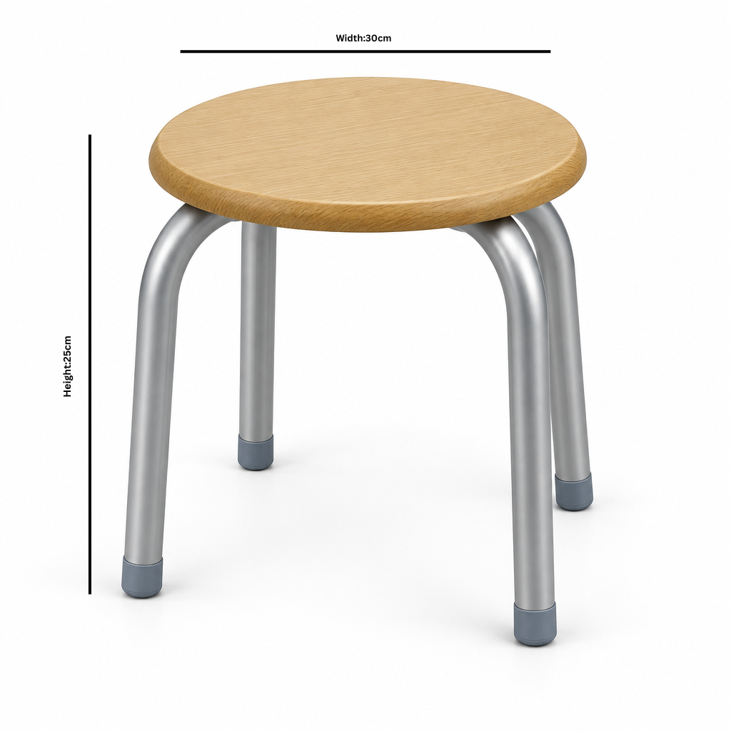 Round Wooden Stool with Silver Metal Legs - 25×30cm