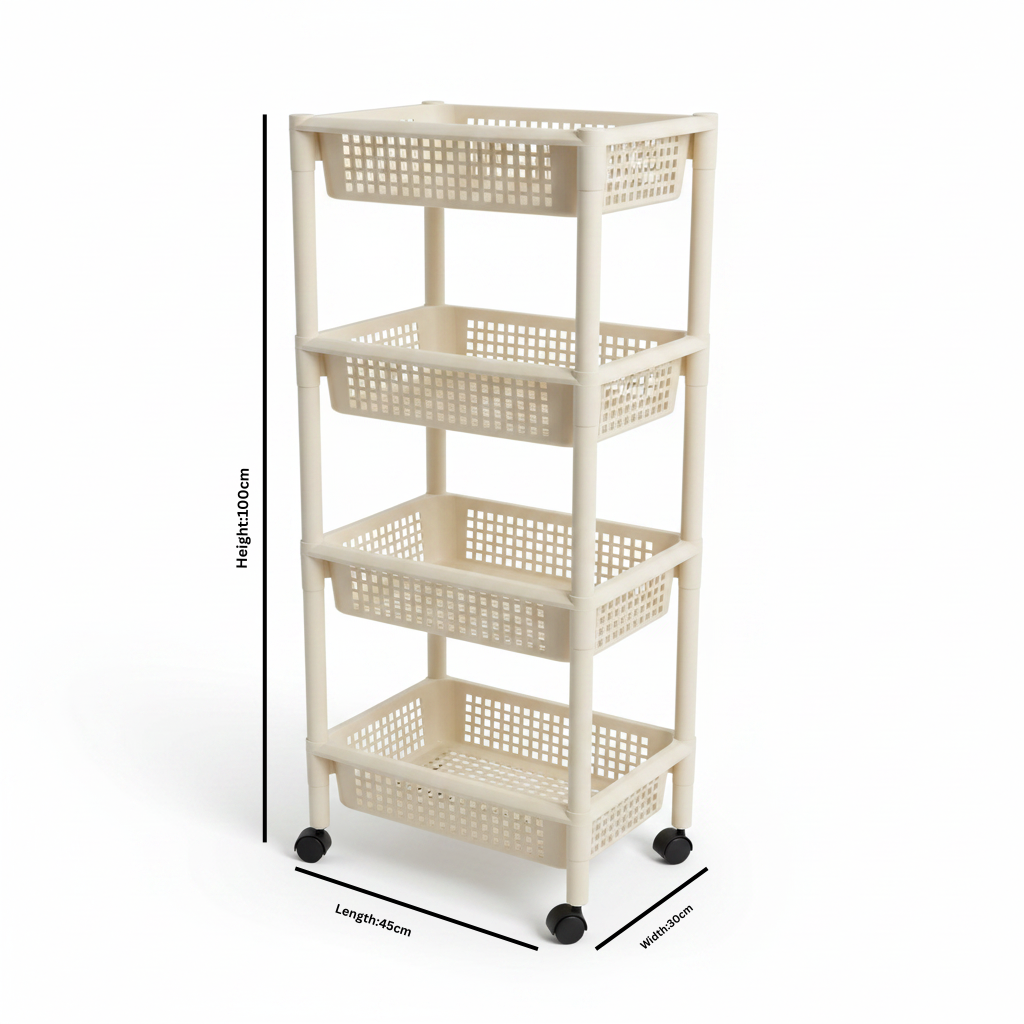 Plastic 4-Tier Storage Rack with Wheels Cream – 100×45×30cm