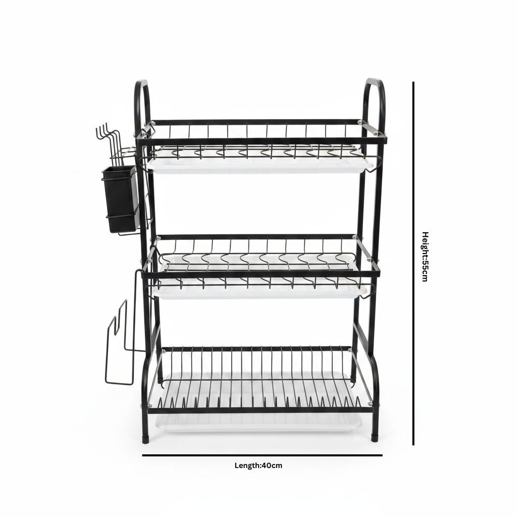 Black Metal & White Plastic 3-Tier Dish Drying Rack - 55×40×25 cm