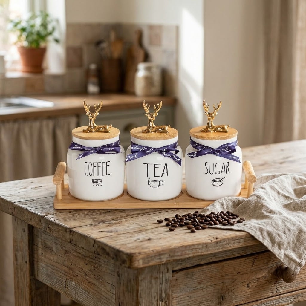 Ceramic Tea, Coffee & Sugar Jar Set with Tray and Gold-Tone Deer Lid Handles – 3 Jars, 500 ml Each