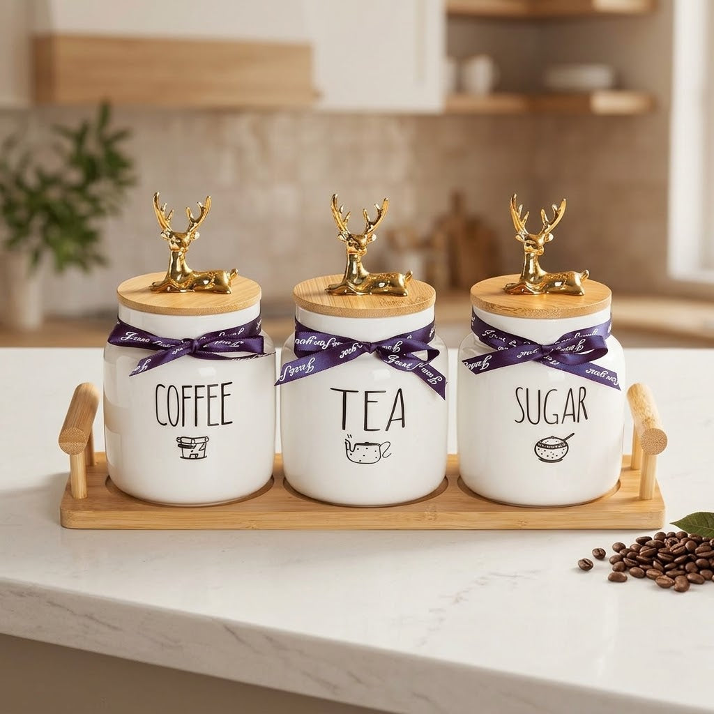 Ceramic Tea, Coffee & Sugar Jar Set with Tray and Gold-Tone Deer Lid Handles – 3 Jars, 500 ml Each