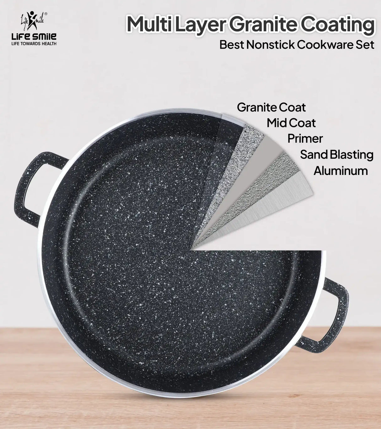 Life Smile 36cm Oven-Safe Granite Coating Cooking Pot with Glass Lid Beige/Black