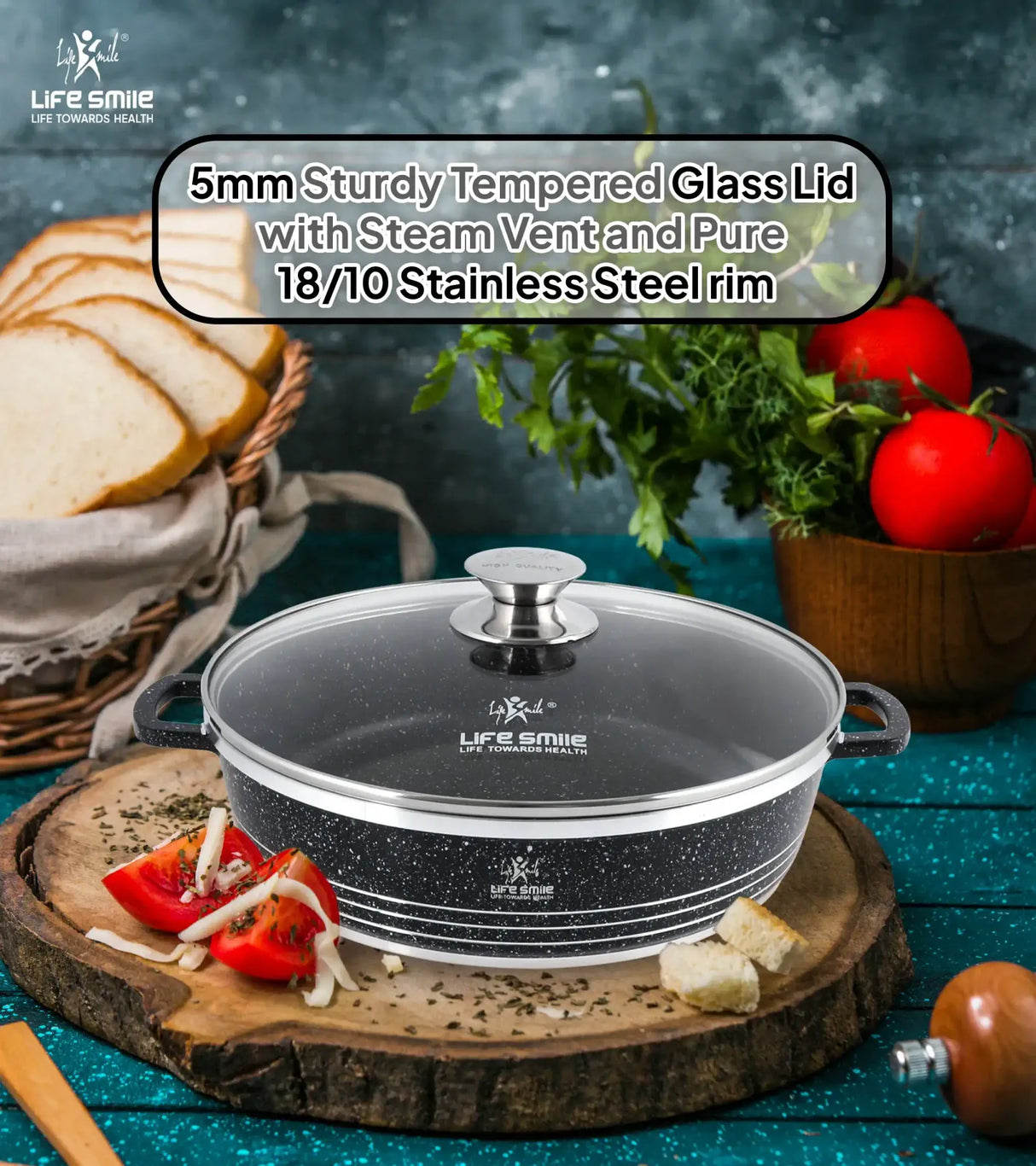 Life Smile 36cm Oven-Safe Granite Coating Cooking Pot with Glass Lid Beige/Black