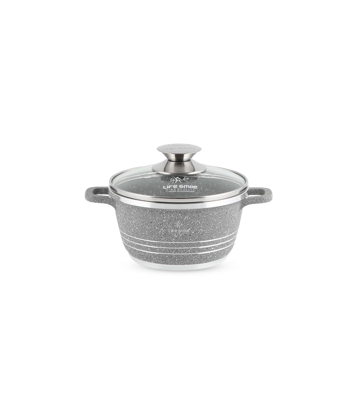 Life Smile 16cm Oven-Safe Granite Coating Cooking Pot with Glass Lid Beige/Black/Gray