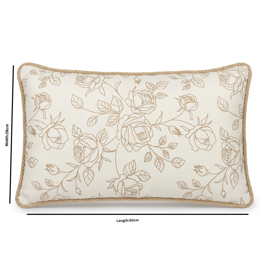 Rectangular Floral Cushion Ivory & Beige - 28×50cm