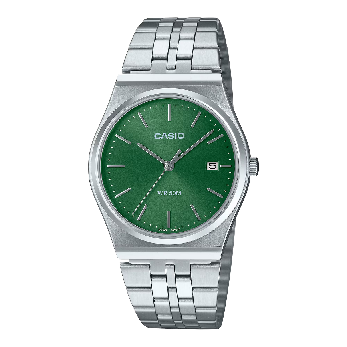 Casio MTP-B145D-3AVDF Collection analog watch with a green dial and stainless steel case and band.