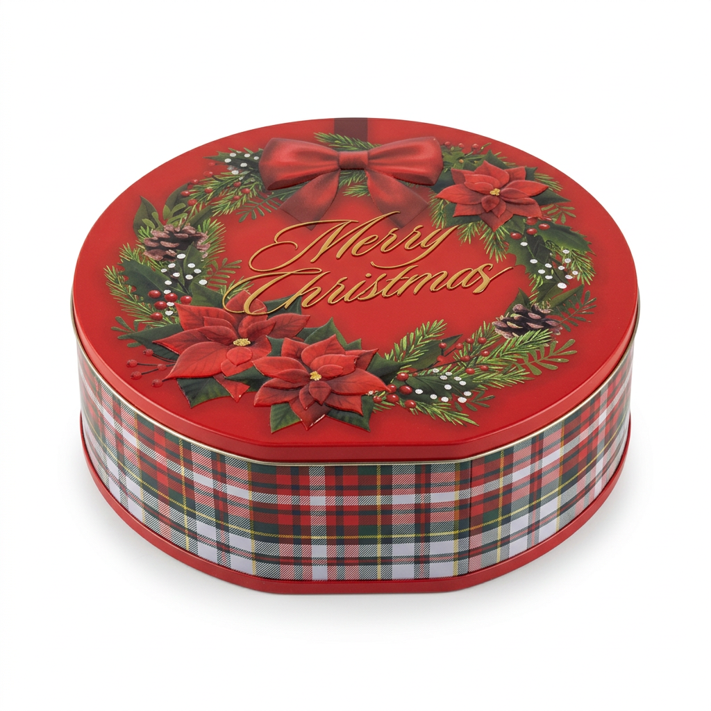 Metal Christmas Candy Box with Festive Wreath & Tartan Design – Red, 24 cm