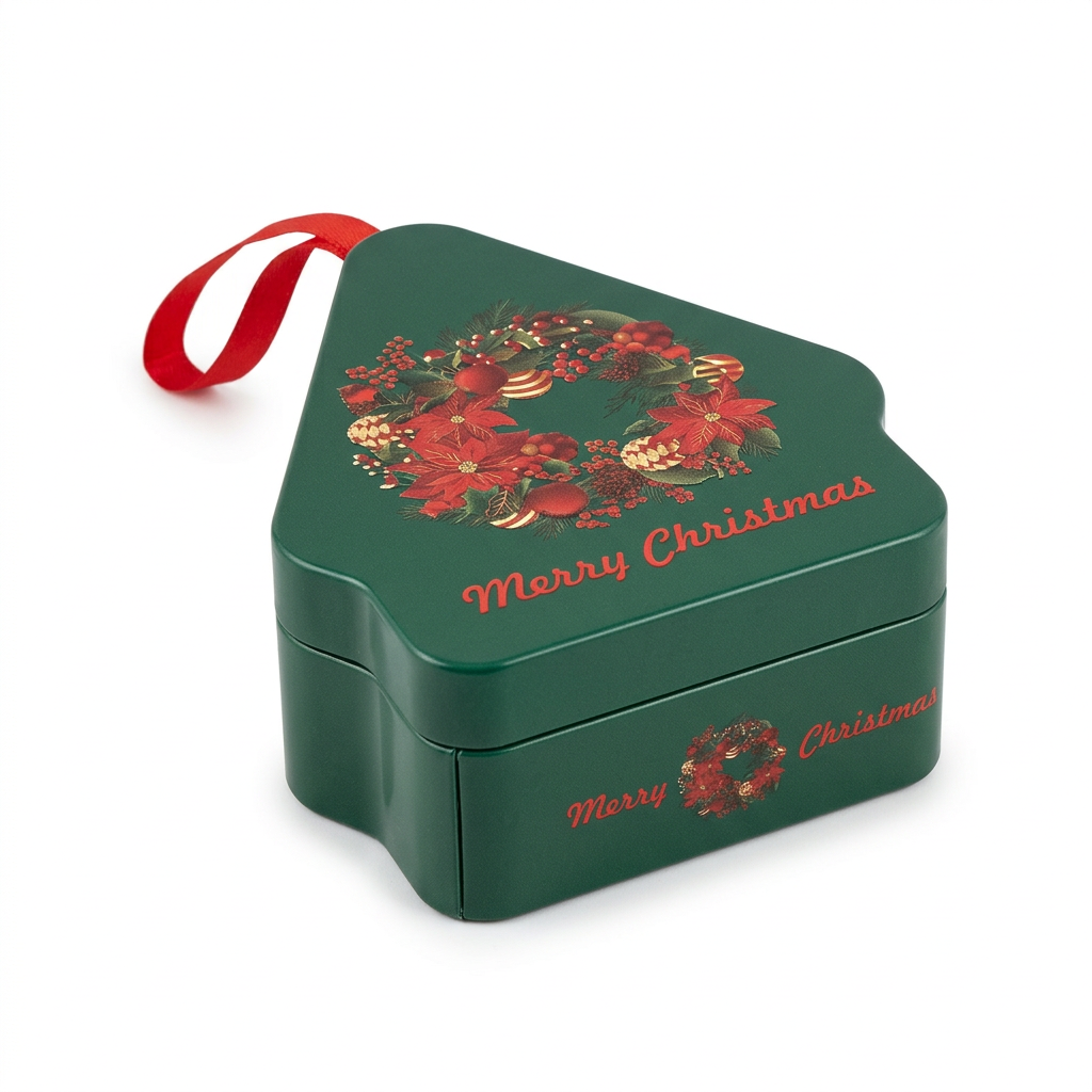 Metal Christmas Candy Box with Ribbon – Dark Green, 10 × 8 cm