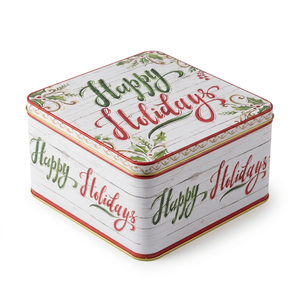 Metal Square Christmas Candy Box with Lid - 20×20cm