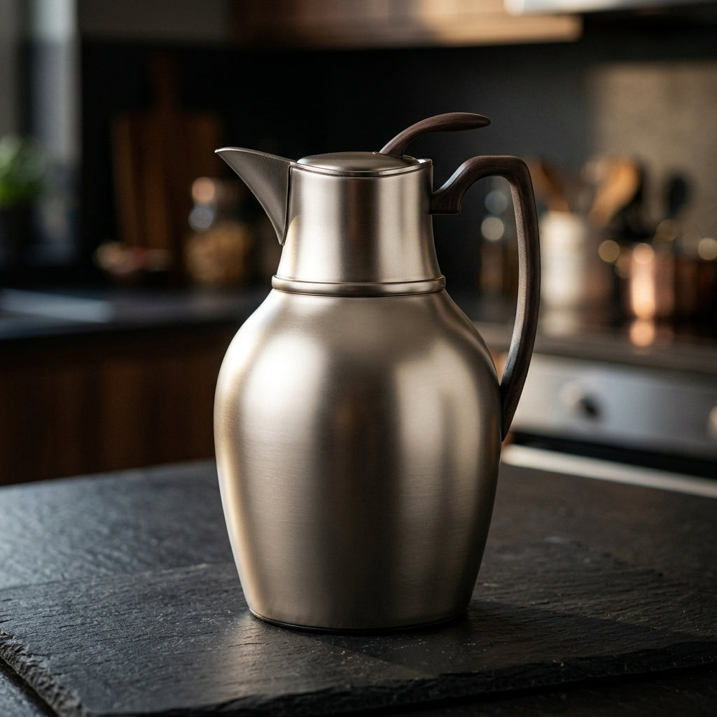 Mydot Vacuum Flask 0.5 Litre – Matt Nickel with Dark Wood Finish