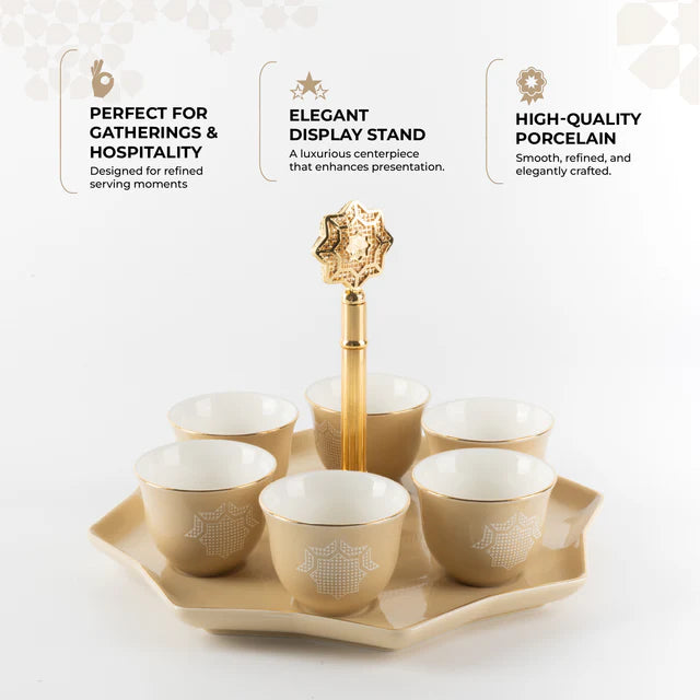 Otantik Octara - Arabic Coffee Cups With Holder - Porcelain- Ivory & Gold