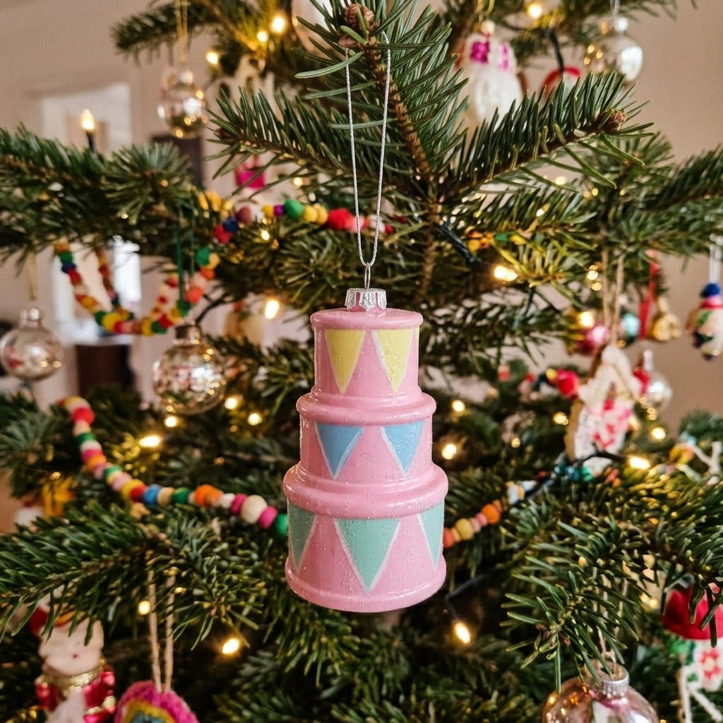 Christmas Plastic Stacked Drums Hanging Decoration – Pink, 10 cm
