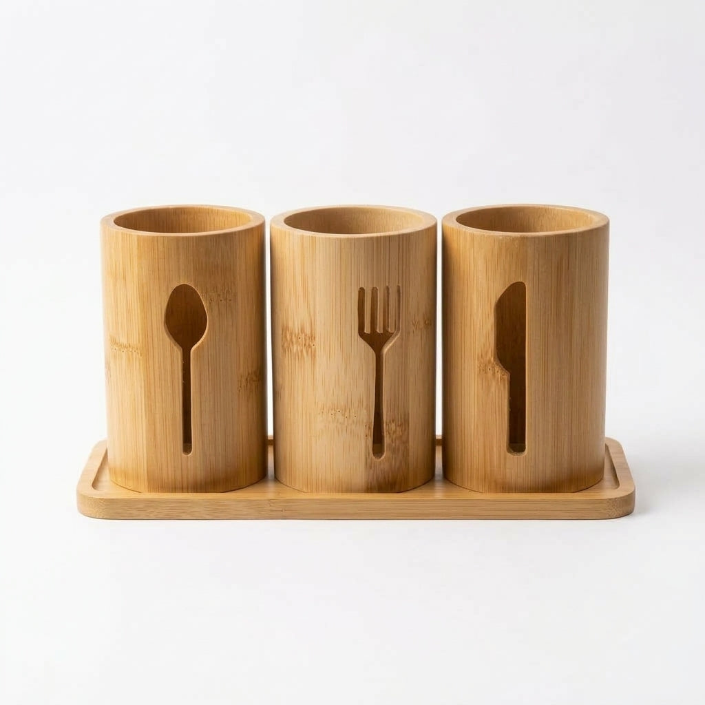 Bamboo Cutlery Holder with Tray, 3 Compartments, 27 × 13 cm