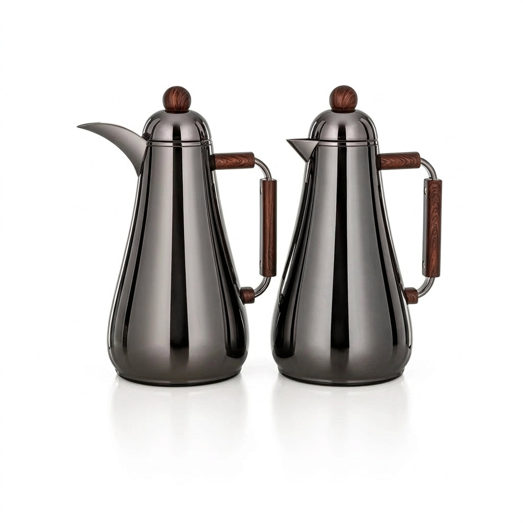 Almarjan 1 + 1 Ltr Vacuum Flask Set, Gun Black & Dark Wood