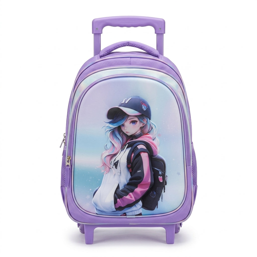 Kanari 16inch 3-Piece Anime Trolley School Bag Set – Purple (Trolley Bag + Lunch Bag + Pencil Pouch)