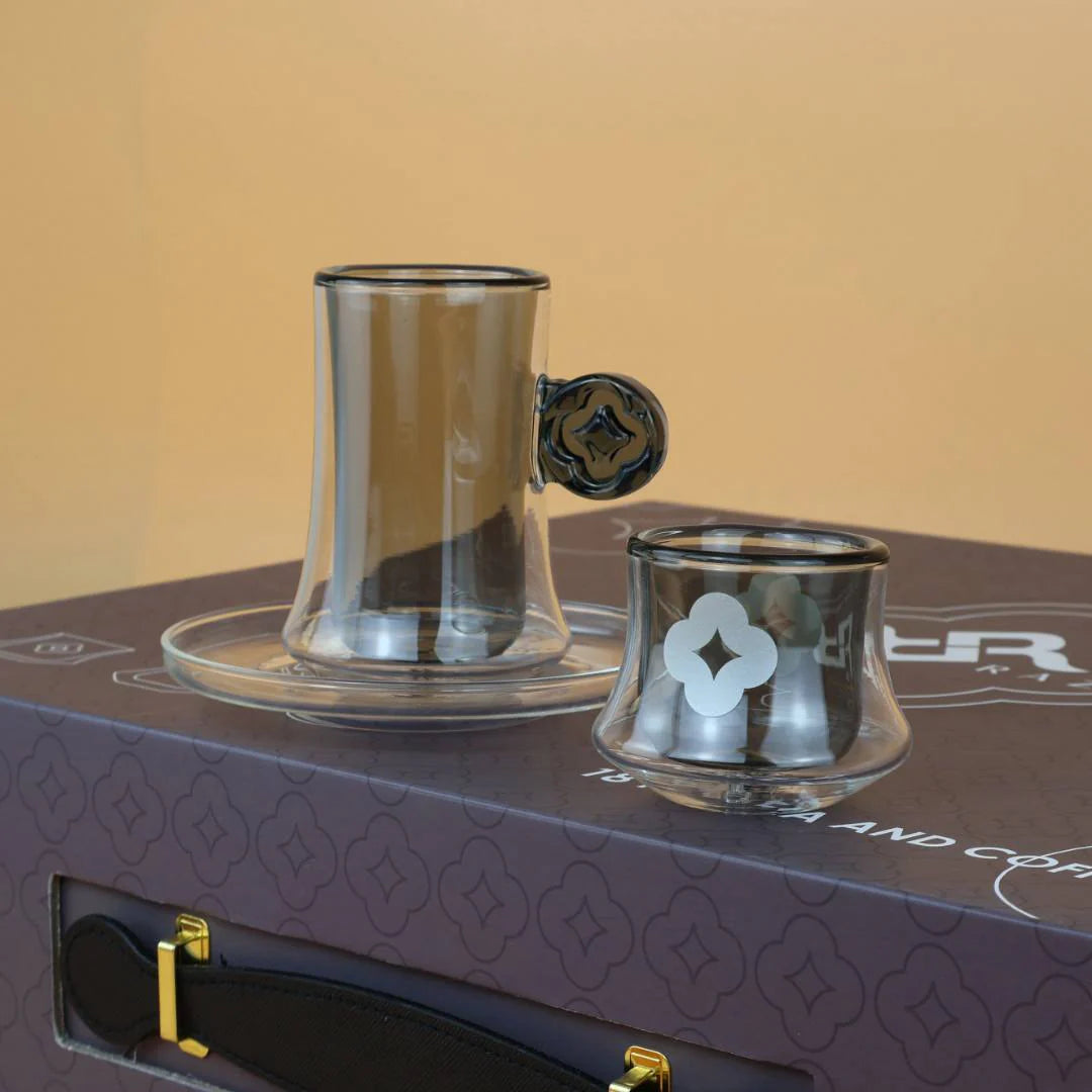 RAZ Axis Tea & Coffee Glass Set | 18 Pcs | 6 Tea Cups, 6 Cawa Cups & 6 Saucers | Smoky Grey