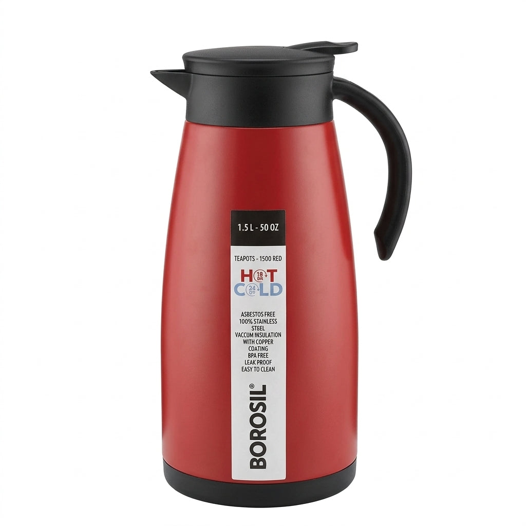 Borosil Insulated Stainless Steel Vacuum Flask Carafe, 1500 ml, Matt Red with Black