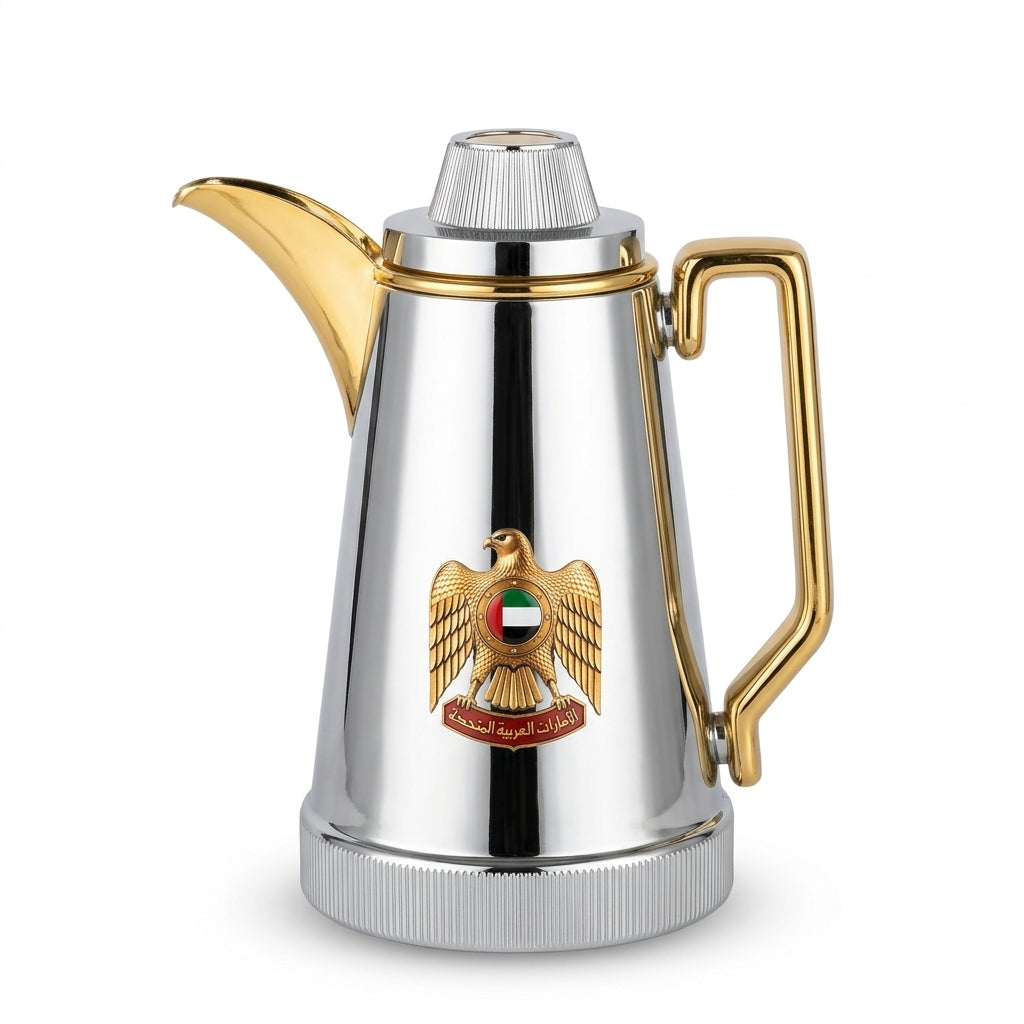 Redhome 0.6 Litre Vacuum Flask – Chrome with Gold Accents And UAE Emblem