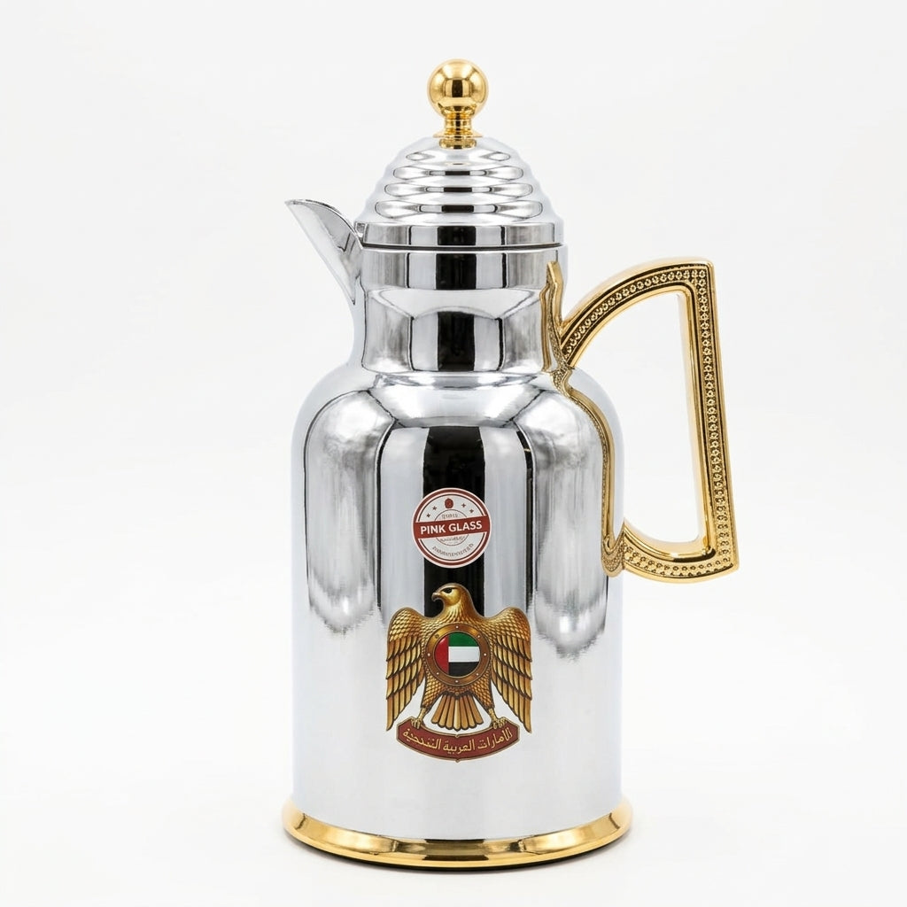 Redhome 1 Litre Vacuum Flask – Chrome with Gold Accents and UAE Emblem