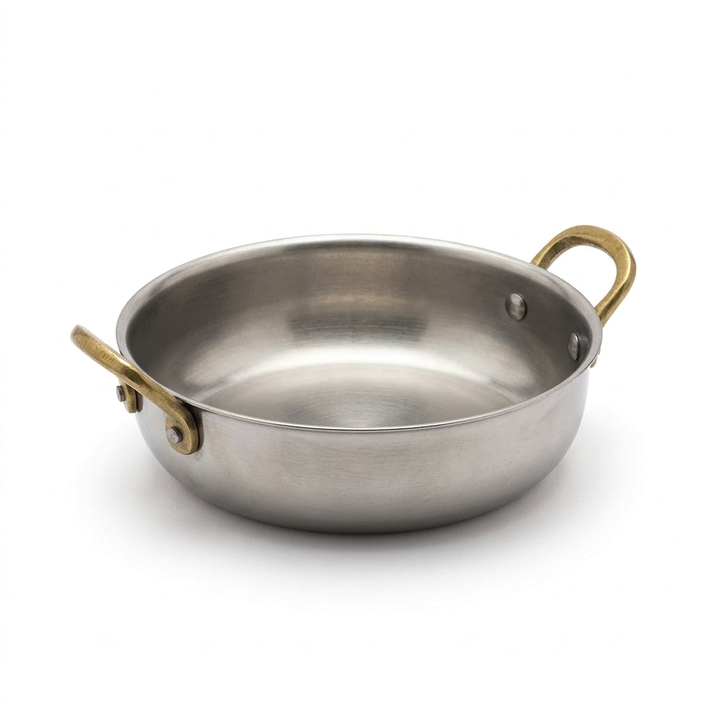 Kitchen Master Stainless Steel Mini Round Dish with Gold-Tone Handles – 15.5 × 4 cm