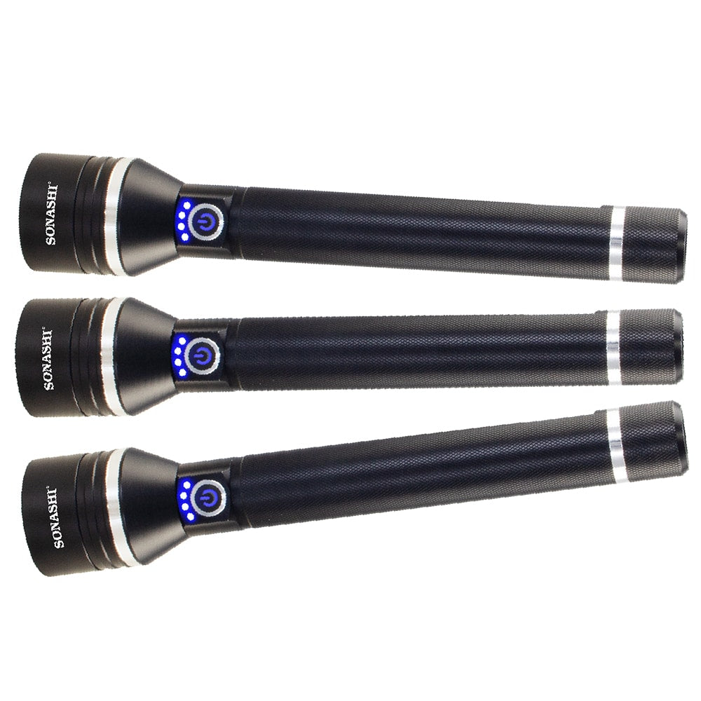 Sonashi 8000mAh Rechargeable LED Torch Set of 3 | 1200 Meter Long Range Bright Beam | Durable Acrylic Lens | Black Body Design