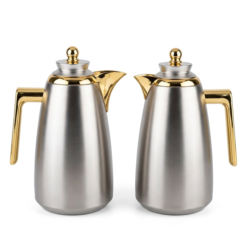 Fursan Vacuum Flask Set, 2 × 1 Litre, Matt Nickel with Gold