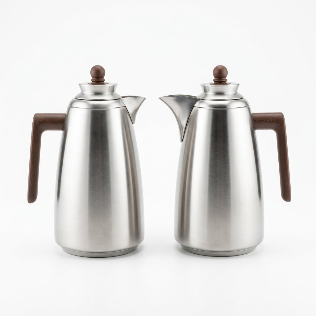 Fursan Vacuum Flask Set, 2 × 1 Litre, Matt Nickel with Dark Wood