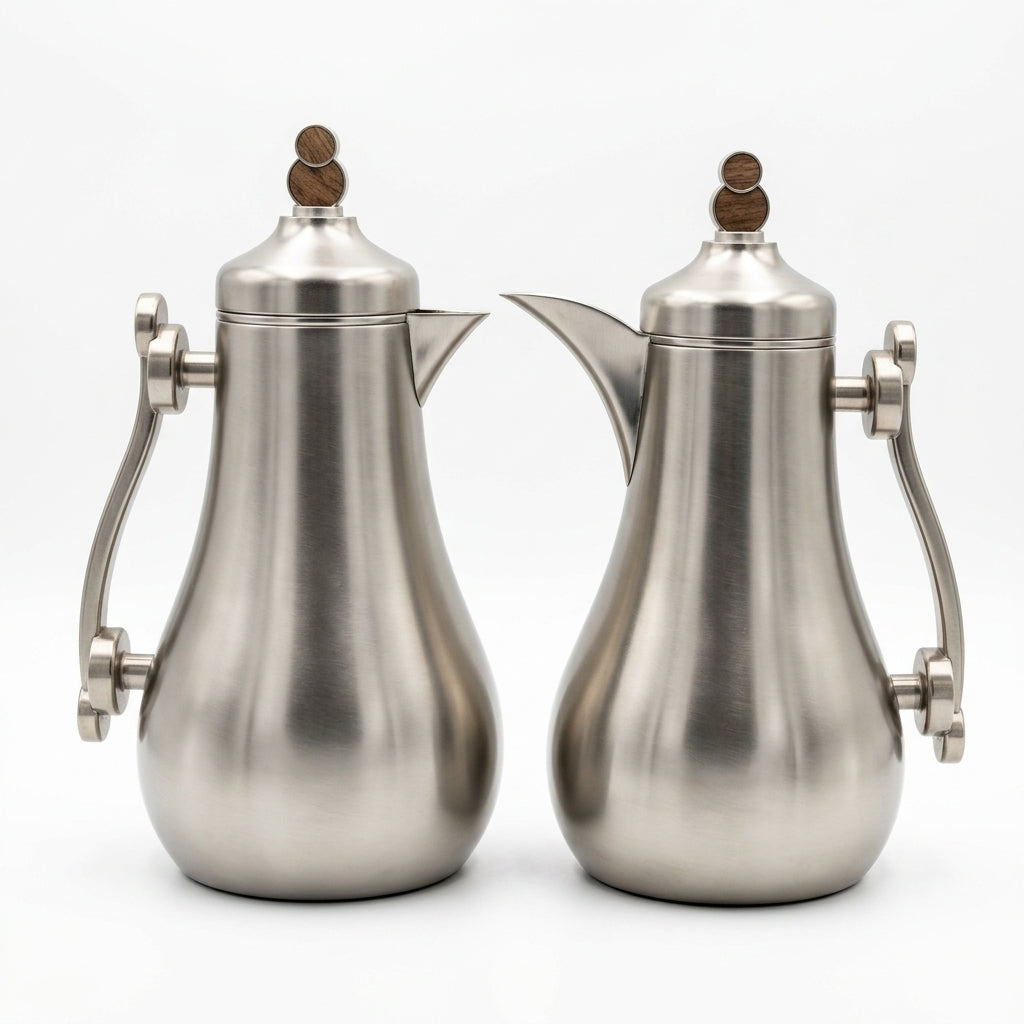 Mahra Vacuum Flask Set, 2 × 1 Litre, Matte Nickel with Wood Accents
