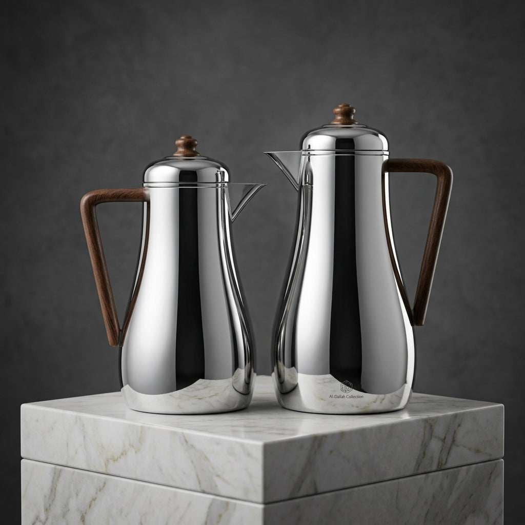 Elena Vacuum Flask Set, 0.7 + 1 Litre, Silver with Wood-Finish