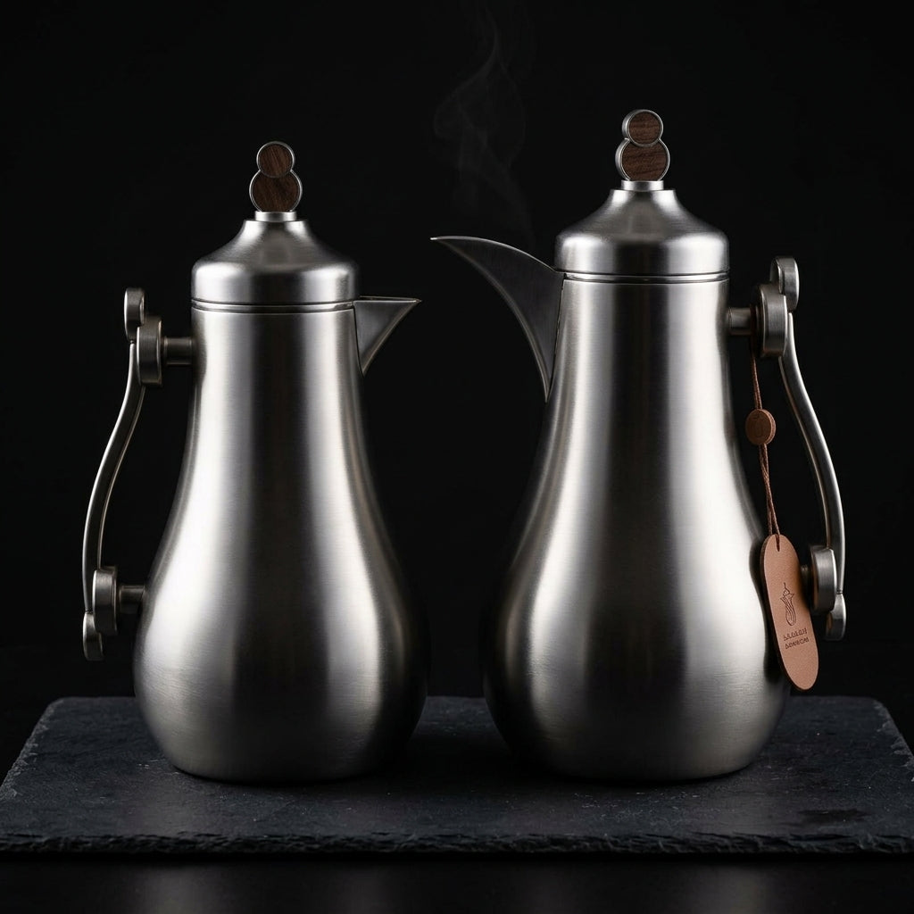 Mahra Vacuum Flask Set, 2 × 1 Litre, Matte Nickel with Wood Accents