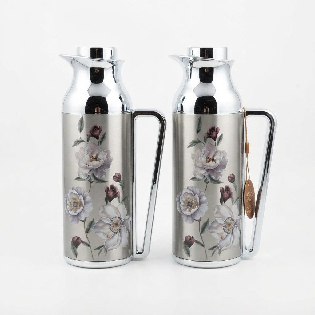Mahra Stainless Steel Vacuum Flask Set 1L + 1L – Silver Floral Design (Set of 2)