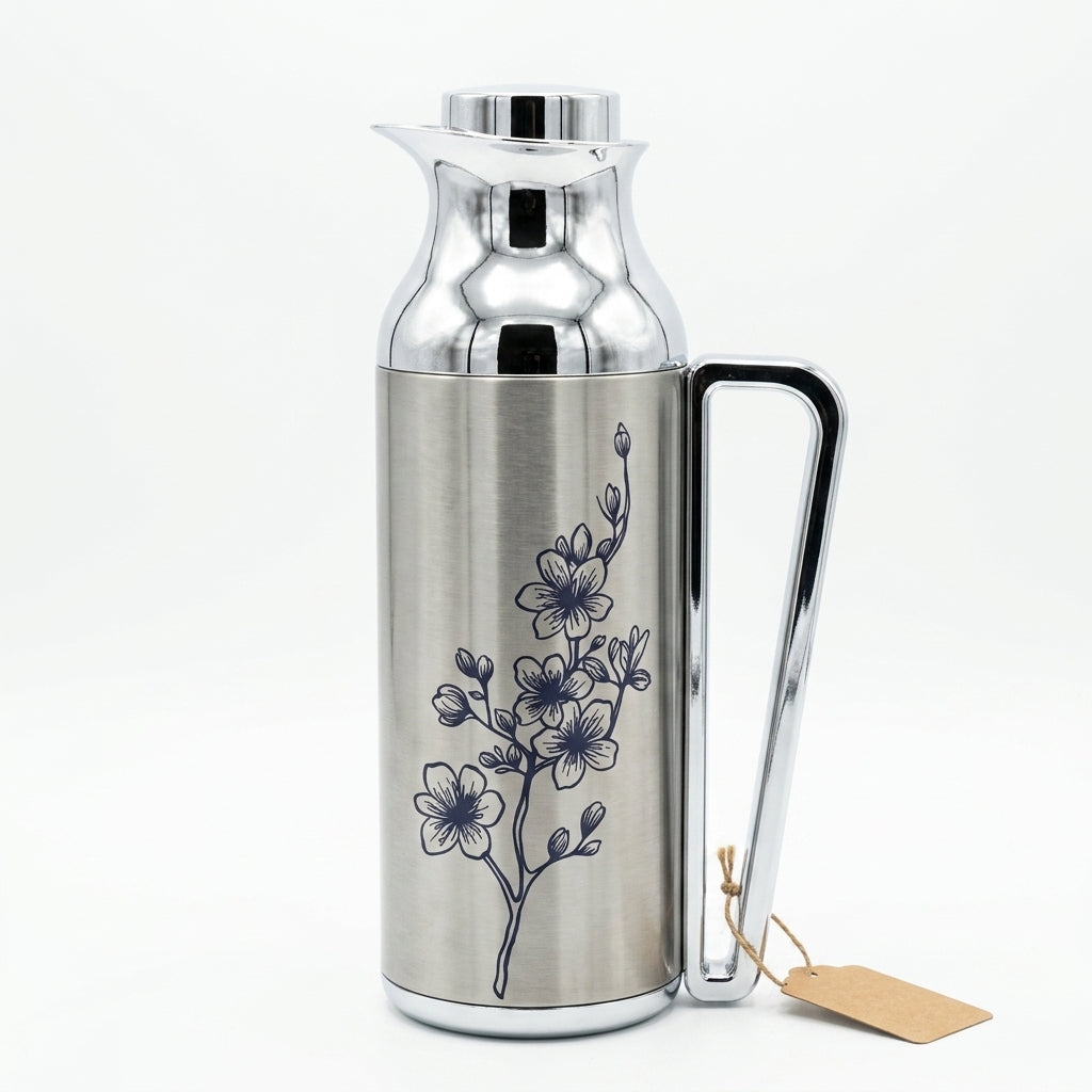 Mahra Stainless Steel Vacuum Flask Set of 2 – 1L + 1L – Floral Engraved Thermal Carafe