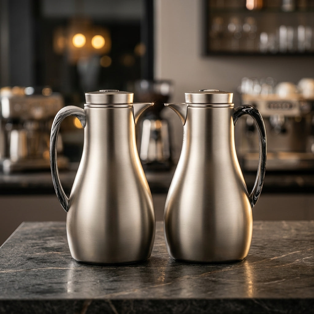 Athba Vacuum Flask Set 1+1 Litre – Matte Nickel with Marble-Effect Handles, 2 Pieces