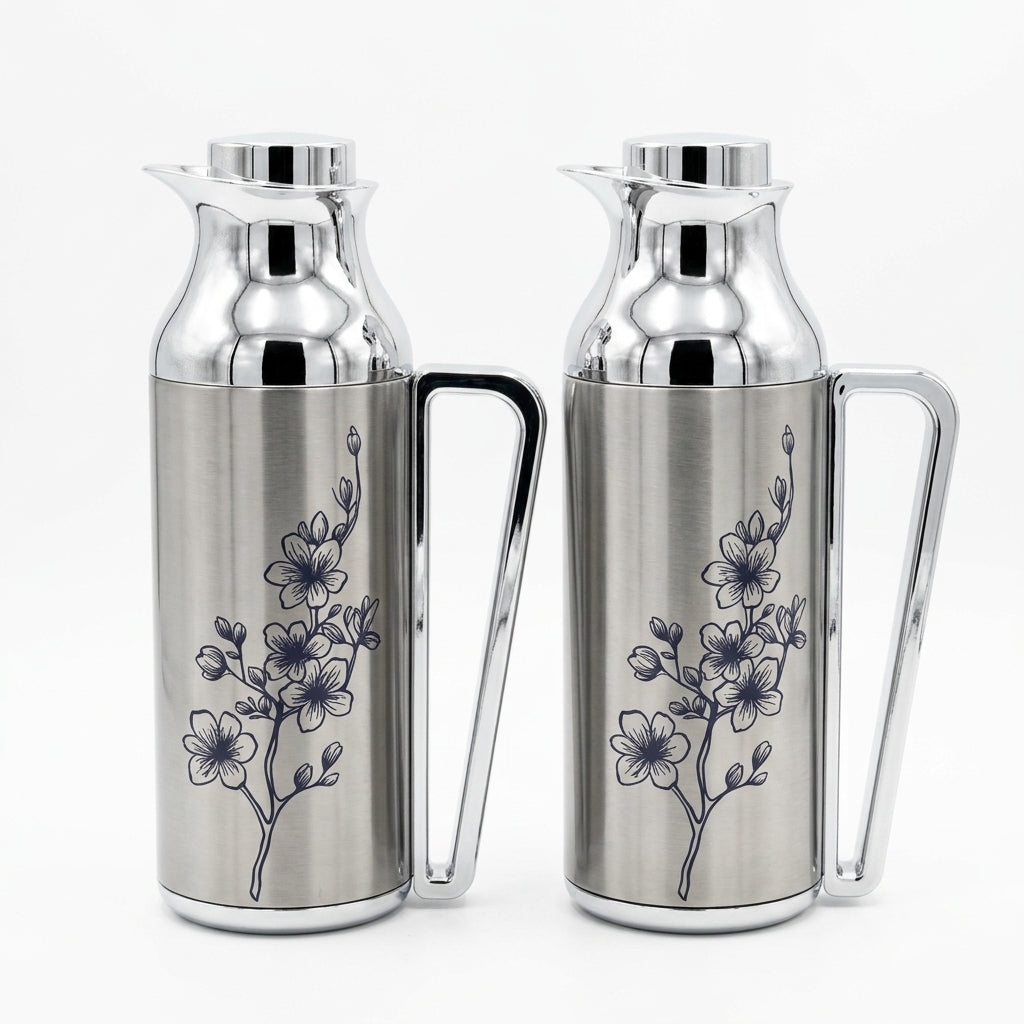 Mahra Stainless Steel Vacuum Flask Set of 2 – 1L + 1L – Floral Engraved Thermal Carafe