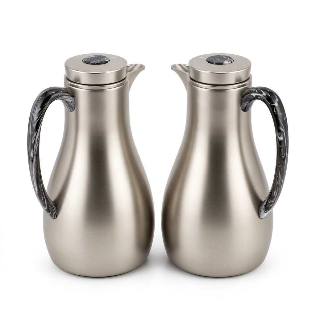 Athba Vacuum Flask Set 1+1 Litre – Matte Nickel with Marble-Effect Handles, 2 Pieces